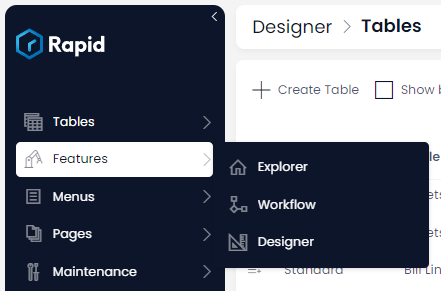 Feature menu in Designer showing each experience